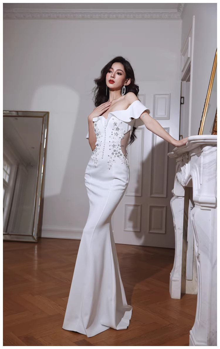Elegant Off The Shoulder White Satin Appliques Mermaid Evening Dress Long Wedding Guest Dress