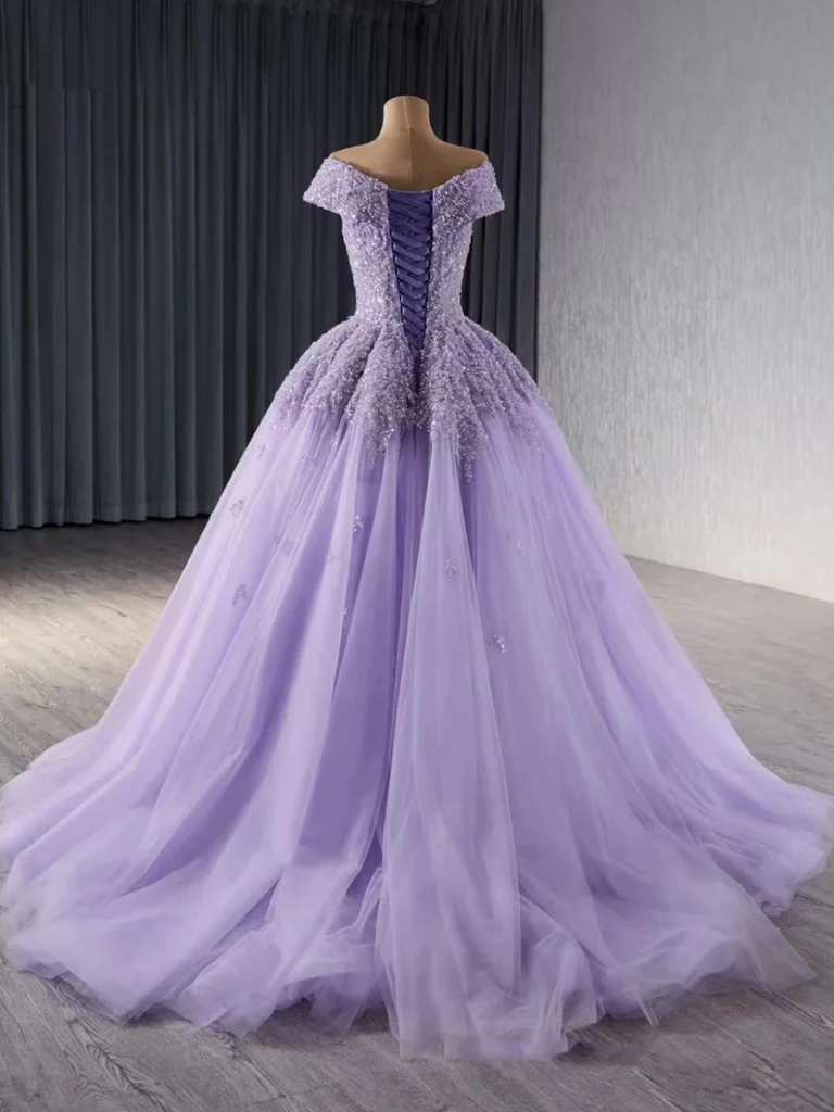 Shiny Off Shoulder Purple Sequins Beaded Long Tulle Quinceanera Dress Formal Ball Gown