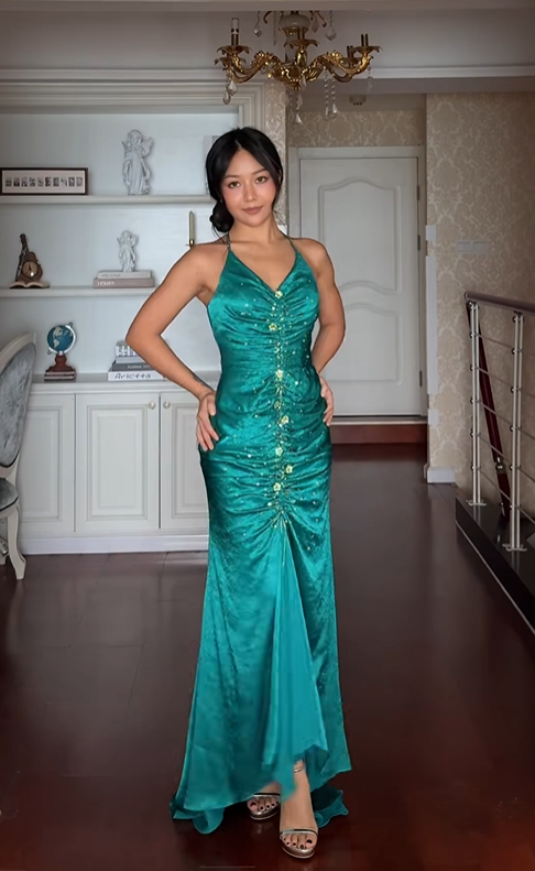 Classy Halter Green Satin Beaded Mermaid Evening Dress Formal Birthday Party Dress