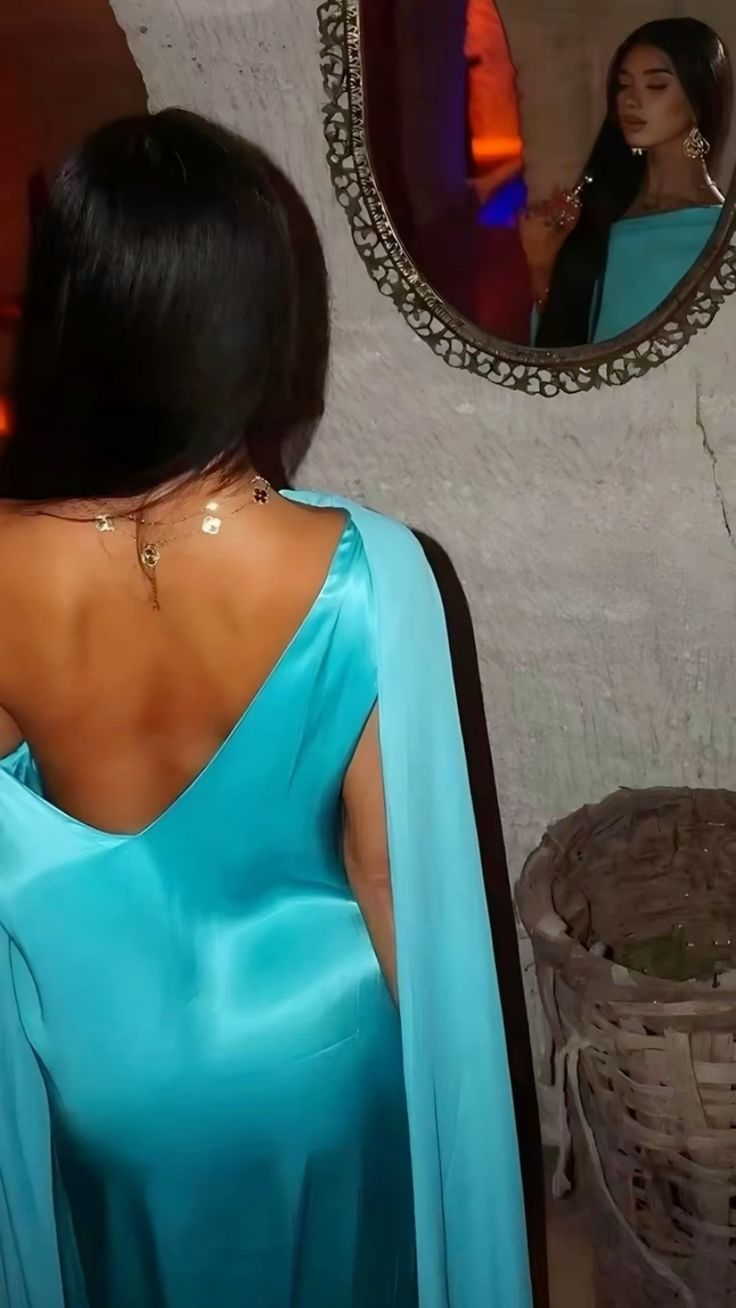 Chic Blue Satin Chiffon Long Party Dress Formal Prom Dress