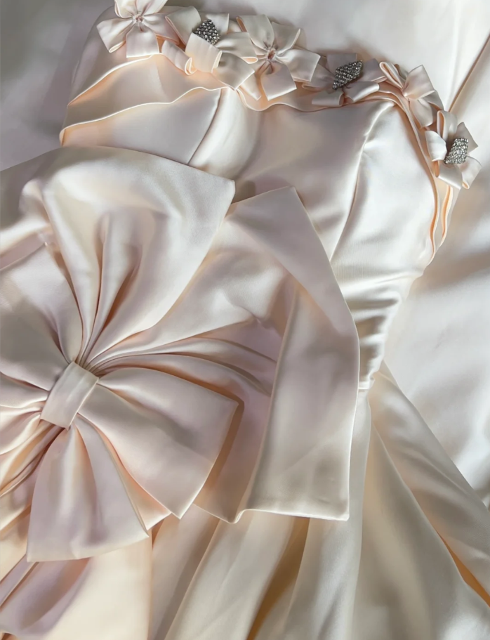 Cute Strapless Bow Satin Long Birthday Party Dress Evening Dress