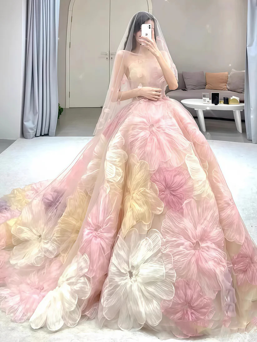 Gorgeous Strapless Tulle Flowers A Line Ball Gown Fairy Wedding Dress