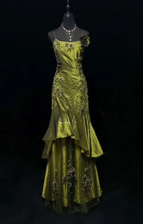 Vintage Spaghetti Strap Olive Green Satin Beaded Mermaid Long Prom Dresses Formal Prom Gown