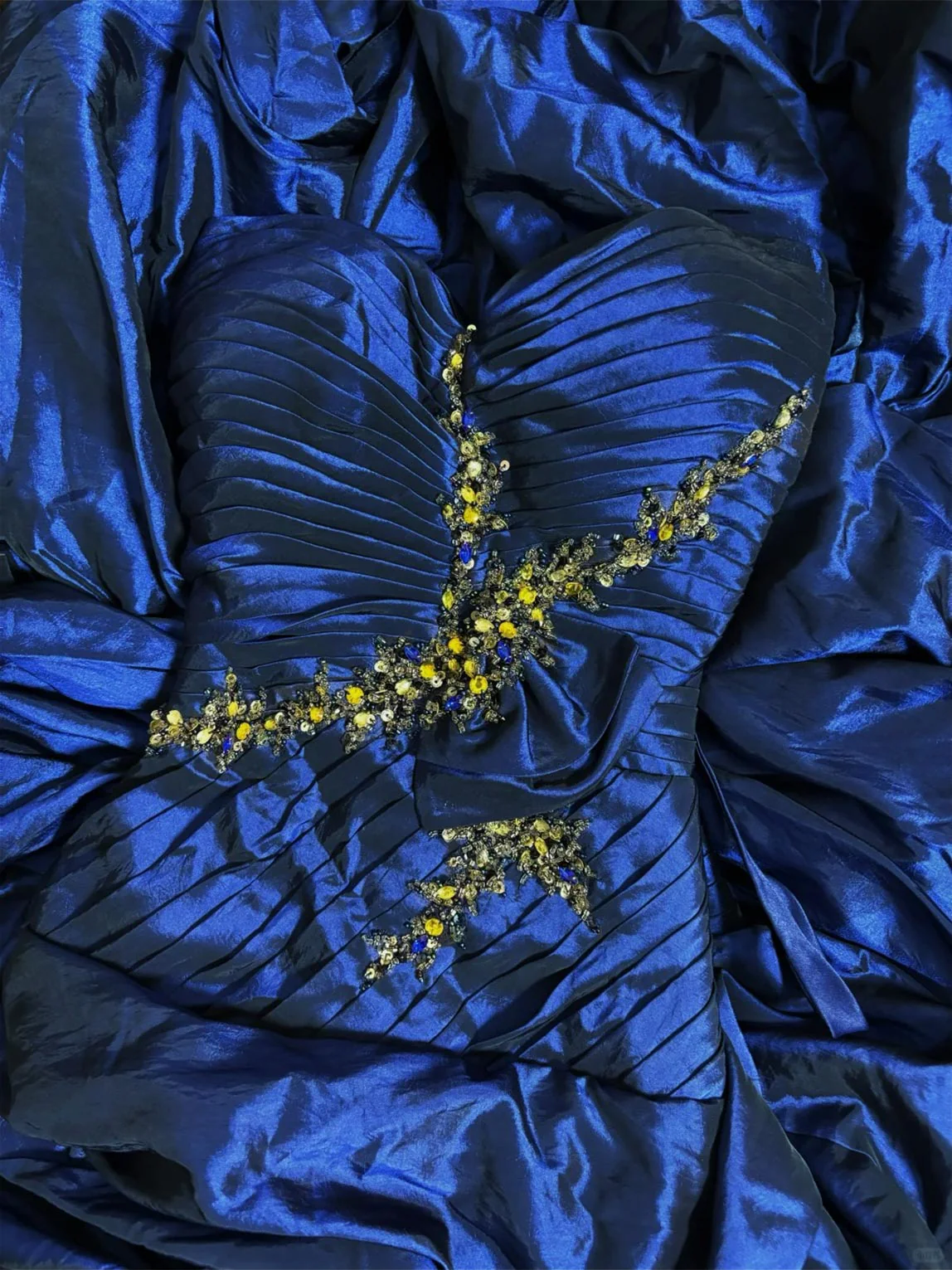 Unique Strapless Satin Pleated Evening Dress Blue Sequin Beaded Long Party Dress Birthday Prom Dress