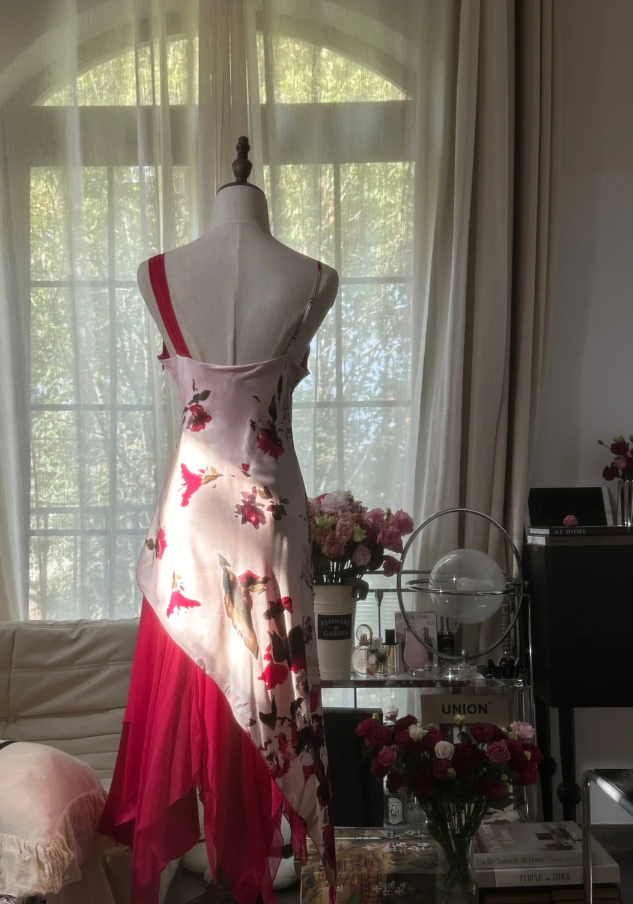 Charming Red V Neck Satin Floral Chiffon Mermaid Long Party Dress Birthday Dress