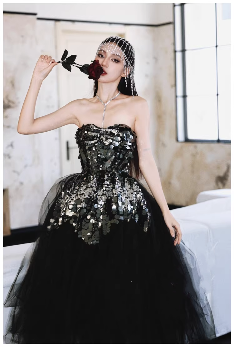 Gorgeous Strapless Black Tulle Sequin A Line Long Evening Dress Birthday Dress