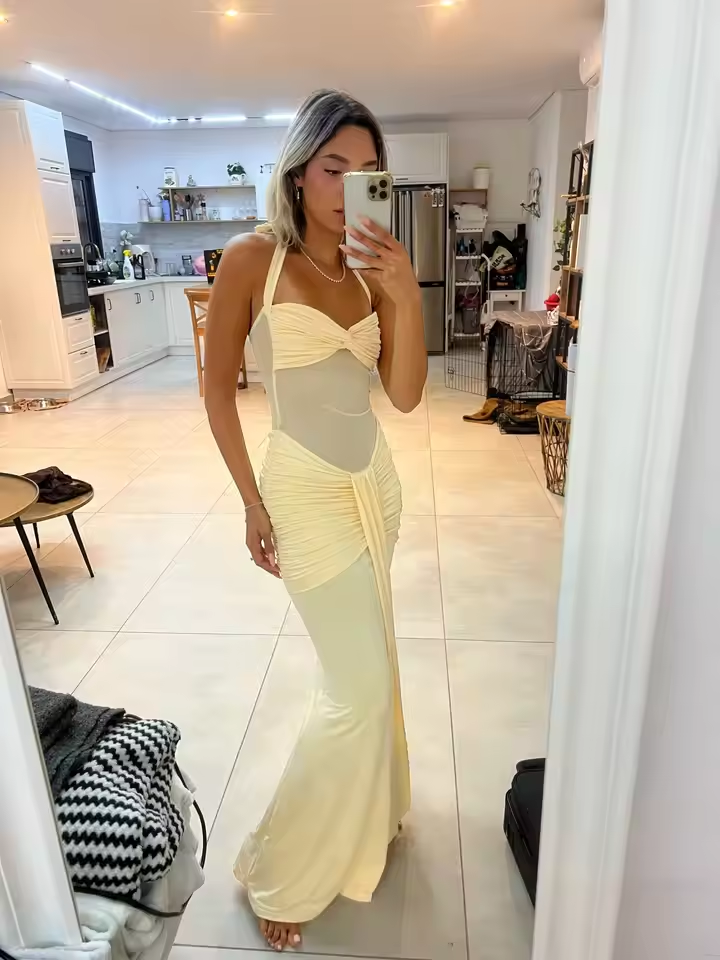 Classy Halter Burgundy Chiffon Pleated Mermaid Prom Dress Long Wedding Guest Dress