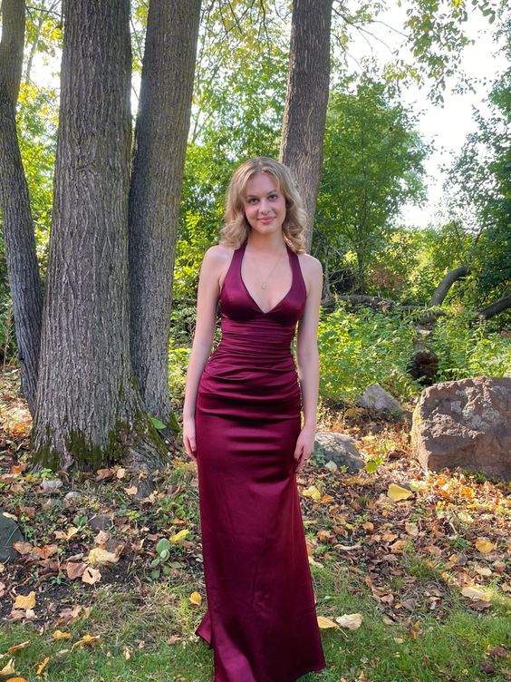 Satin Plunging V- Neckline Long Evening Dress Burgundy Prom Dresses