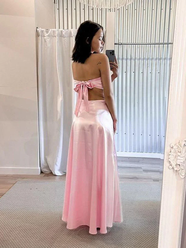 Sexy Pink Satin Backless Party Gown Long Prom Dress