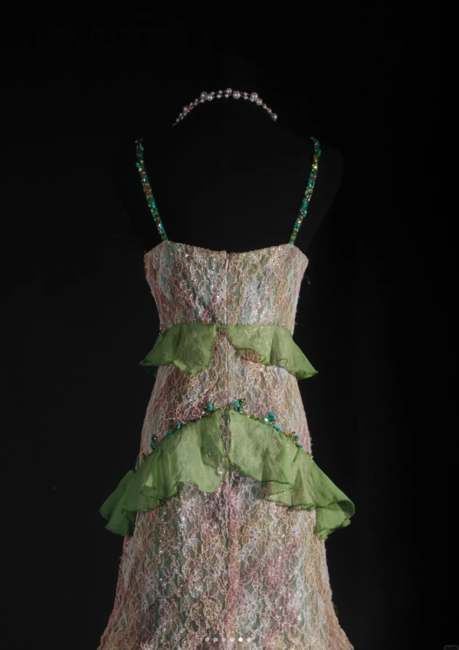 Gorgeous Spaghetti Straps Green Tulle Lace Beaded Mermaid Long Evening Dress Birthday Party Gown