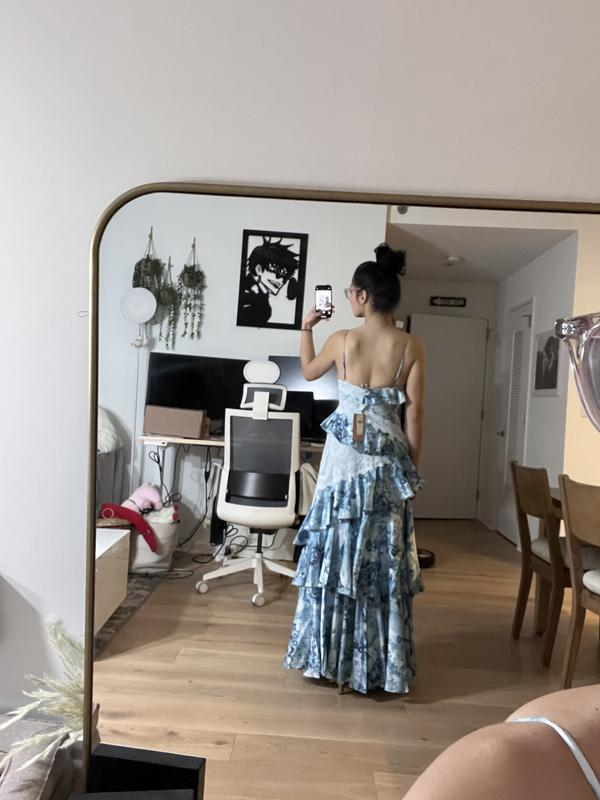 Vintage Blue Satin Print Tiered Ruffles A Line party Dress,Spaghetti Straps Prom Evening Dress