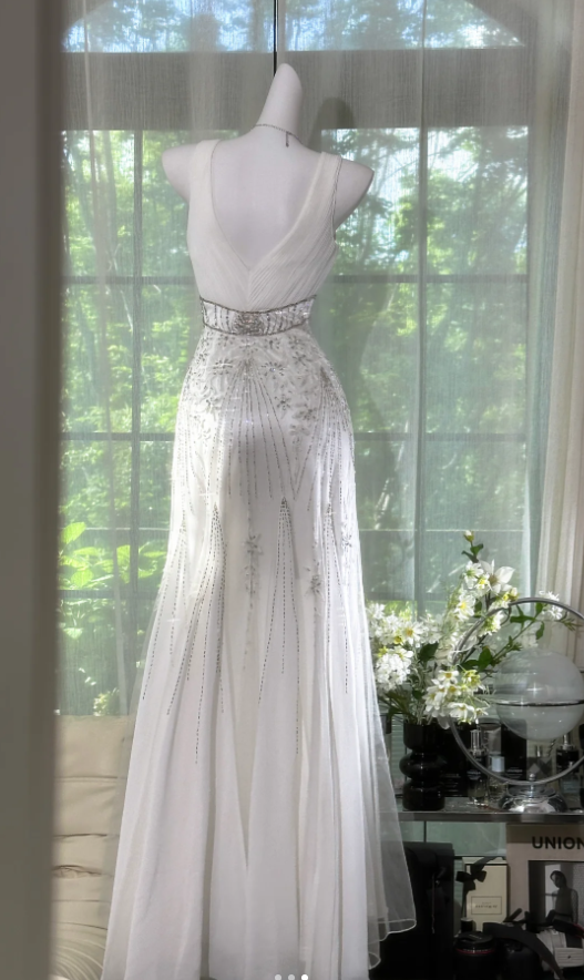 Elegant V Neck White Chiffon Sequin Beaded Mermaid Evening Dress Long Prom Dresses