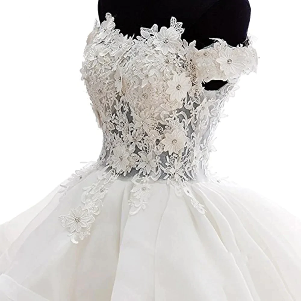 White sweetheart lace applique short cute white homecoming dress Off Shoulder Organza Short Lace Applique Teen Formal Dress
