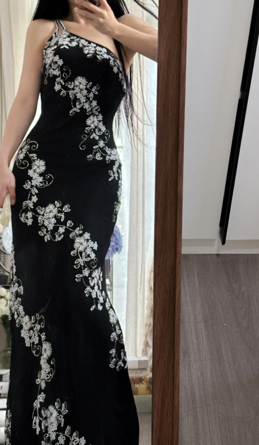 Classy One Shoulder Black Chiffon Beaded Mermaid Long Party Dress Evening Gown