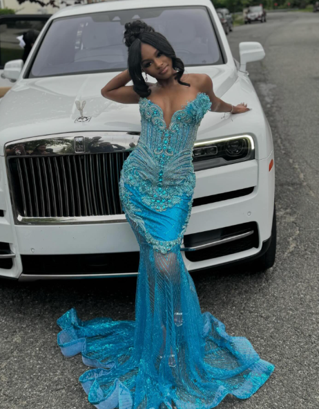 Luxurious Strapless Blue Tulle Sequin Beaded Mermaid Evening Dress Long Party Gown