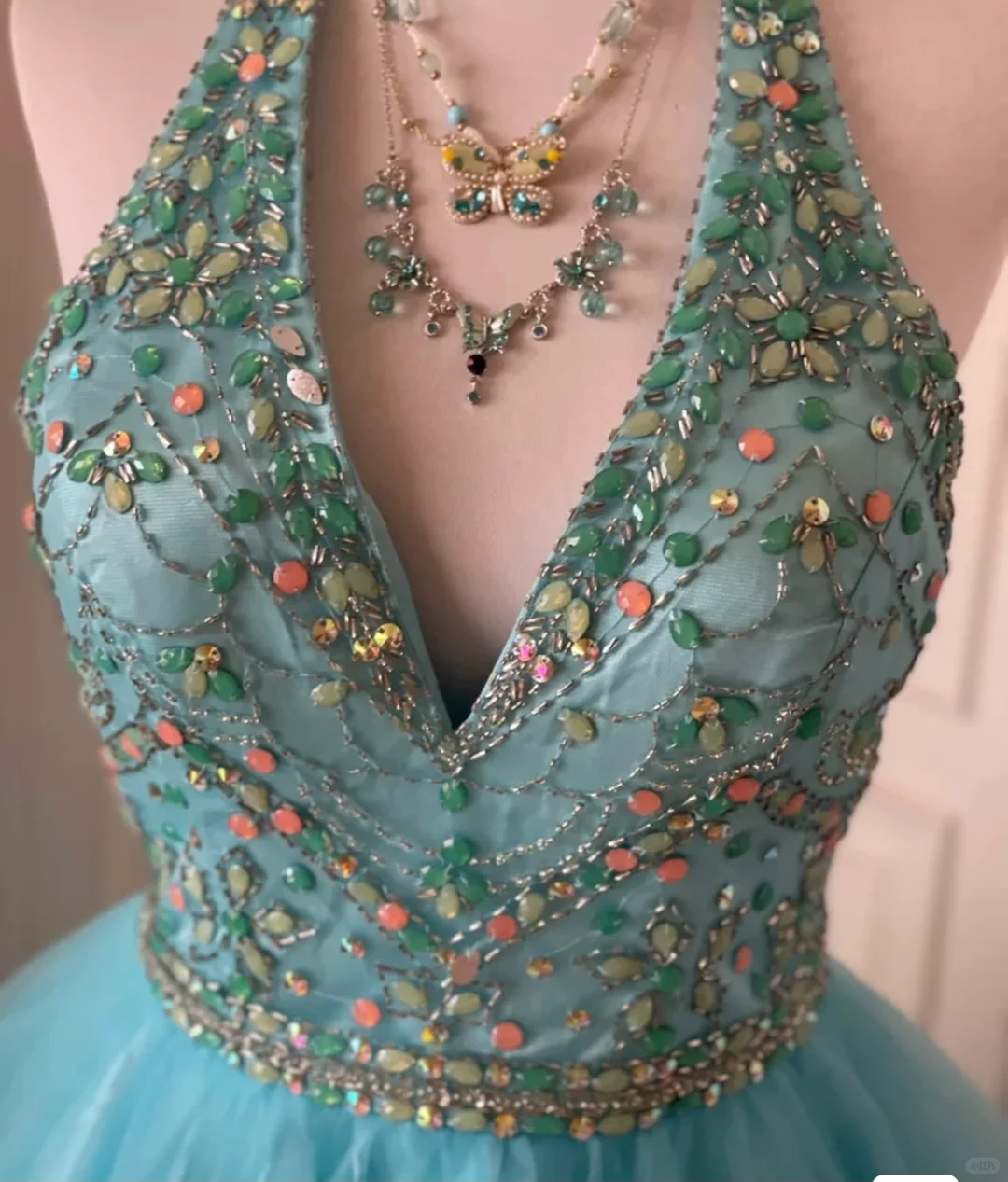 Vintage Blue Tulle Beaded Sleeveless A Line Birthday Dress Homecoming Dress