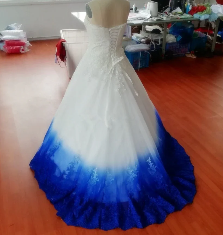Ball Gown Ombre Prom Dresses, Sweetheart Strapless Evening Dresses, Blue Applique Formal Dresses