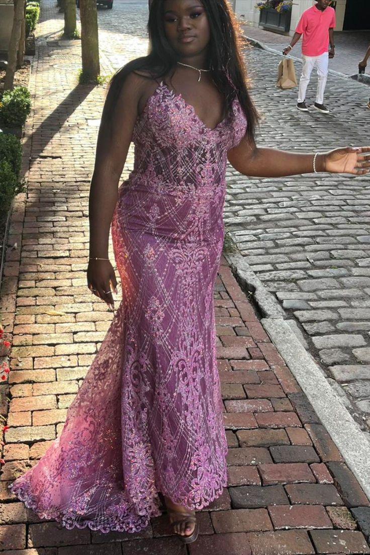 Gorgeous Spaghetti Straps Purple Tulle Lace Beaded Mermaid Party Dress Long Wedding Guest Dress