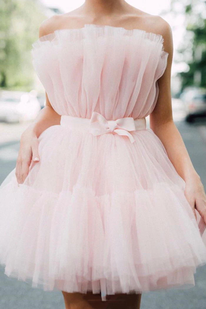 Strapless Pink Tulle Short Homecoming Dress, Princess Sleeveless Party Dress
