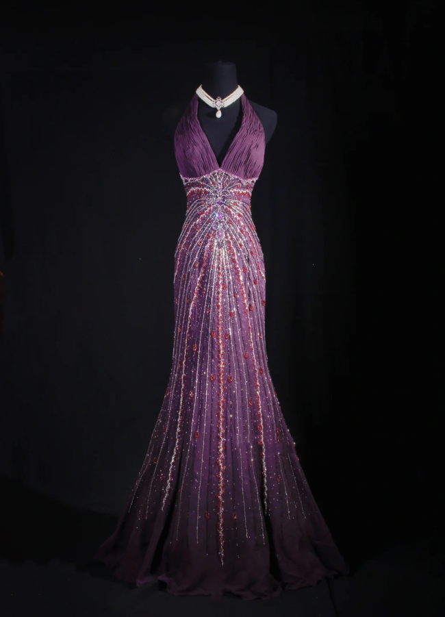 Purple Vintage V Neck Halter Satin Beaded Mermaid Long Party Dress Backless Evening Gown