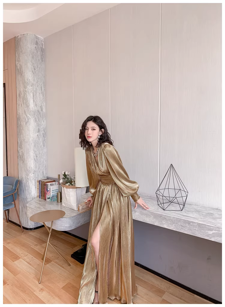 Unique Gold V Neck Satin Pleated Slit A Line Long Evening Dress Formal Wedding Guest Dress