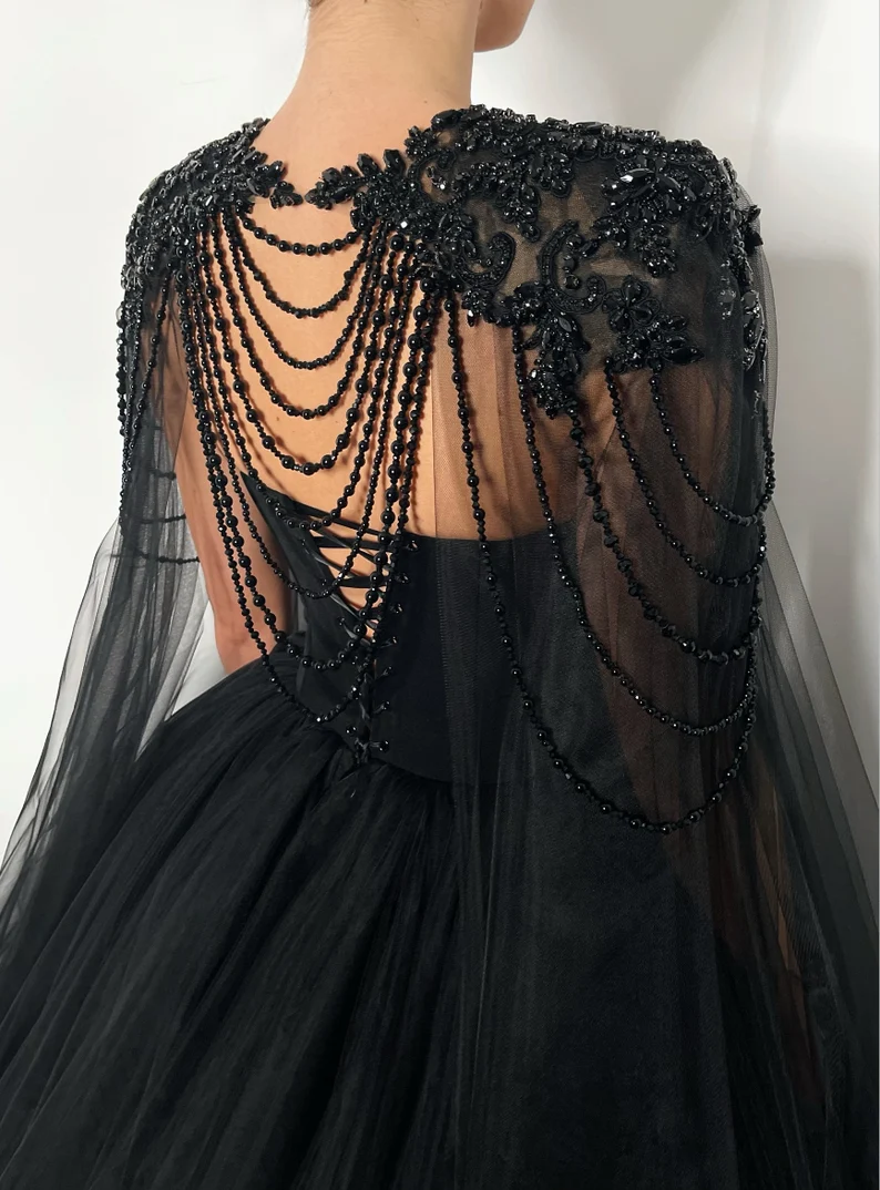 Black Gothic crystal beaded corset wedding tulle dress, elegant beaded alternive bride dress, long black cape black prom dress