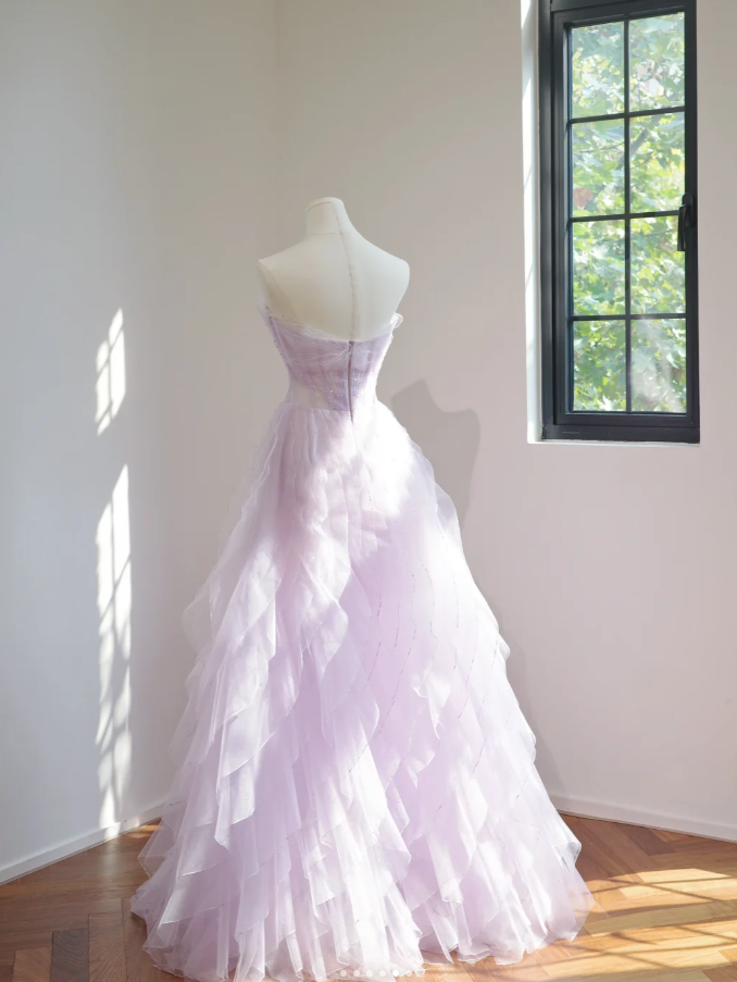 Classy Strapless Lilac Beaded Tulle Ruffles Long Birthday Prom Dress Formal Party Dress