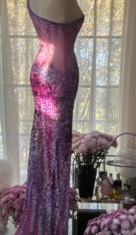 Glamorous Ombre Purple One Shoulder Chiffon Sequin Beaded Mermaid Long Evening Dress Birthday Party Dress