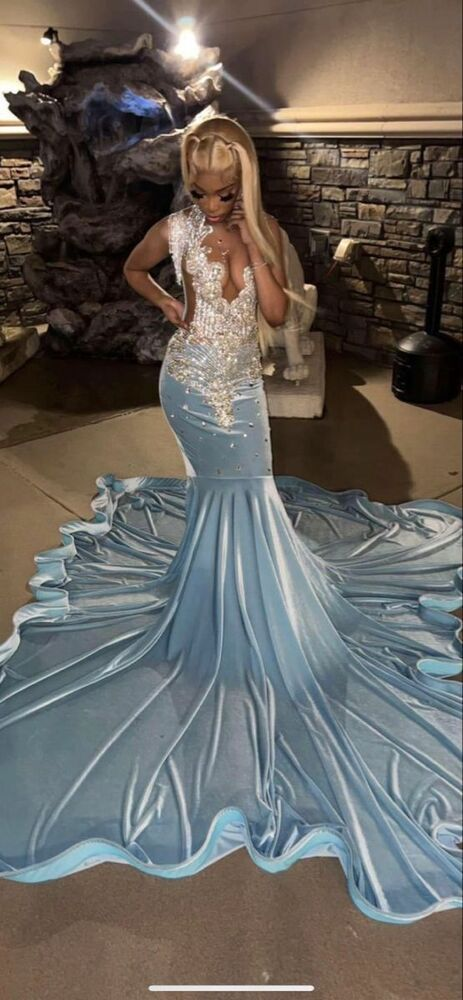 Baby Blue Mermaid Lace Appliques African Prom Dress Evening Dress