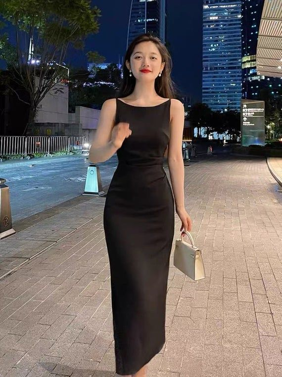 Black Boat Neck Satin Dress,Bodycon Long Prom Dress,Beautiful Satin Dress