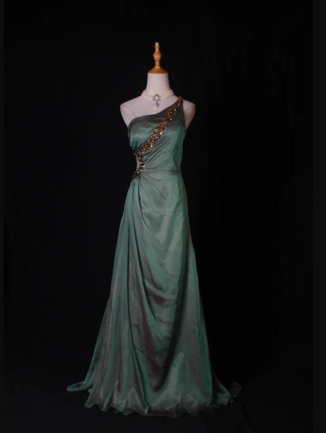 Vintage Green One Shoulder Satin Chiffon Beaded Mermaid Long Evening Dress Birthday Dress