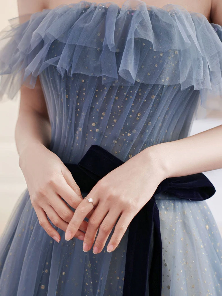 A-Line Gray Blue Off The Shoulder Long Prom Dress Tulle Evening Dress