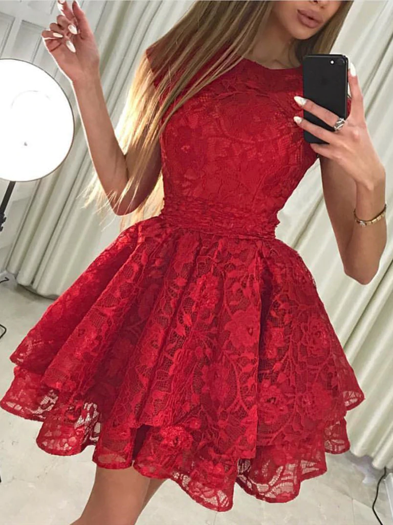 Round Neck Cap Sleeves Short Lace Prom Dresses, Round Neck Short Cap Sleeves Lace Formal Homecoming Graduation Dresses