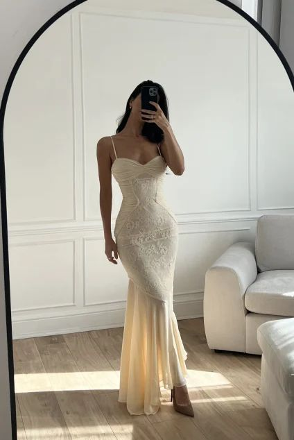 Apricot Lace Chiffon Mermaid Evening Dress Classy Prom Party Dress
