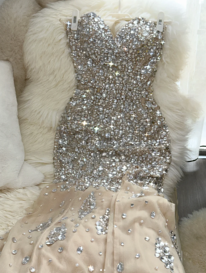 Vintage Strapless Apricot Chiffon Beaded Mermaid Long Party Dress Evening Dress