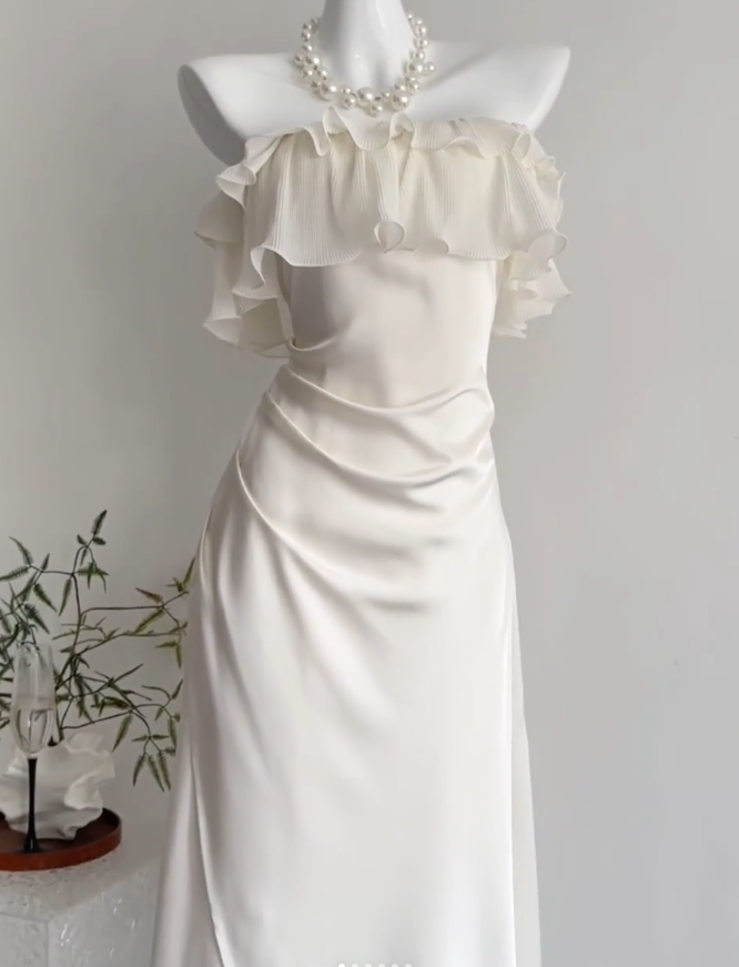 Classy Strapless White Satin Chiffon Long Prom Dress Birthday Party Dress