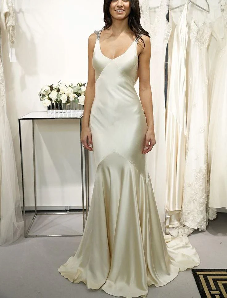Elegant Sheath V Neckline Floor-length Satin Long Satin Evening Dress Prom Dresses