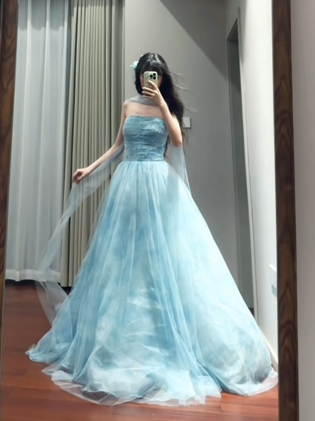Classy Blue Strapless Tulle Beaded Long Party Dress Birthday Prom Dresses