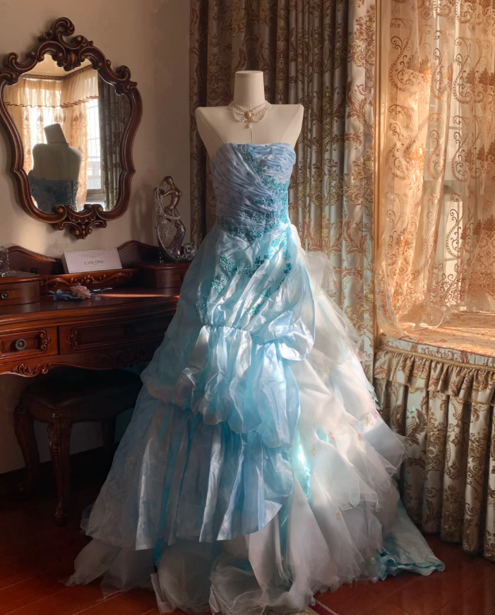 Elegant Blue Strapless Tulle Satin Appliques Long Party Dress Birthday Prom Gown