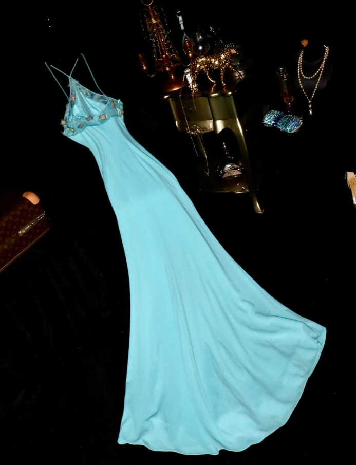 Classy Blue Satin Appliques Mermaid Party Dress Long Evening Dress