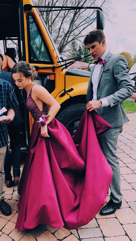 A-line V Neck Satin Long Prom Dress Charming Evening Dress