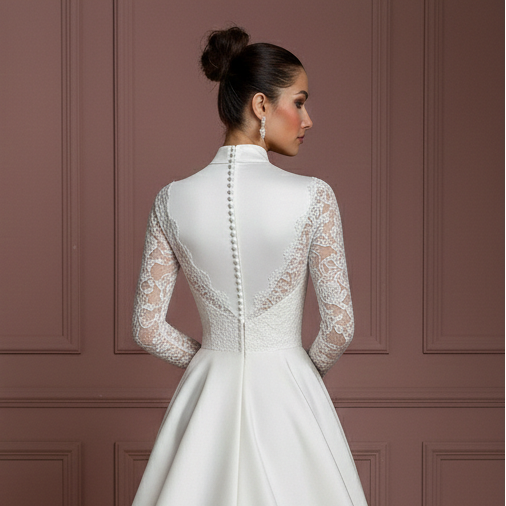 Mock Neck Sleeve Wedding Dress Modest Long High Class Gown