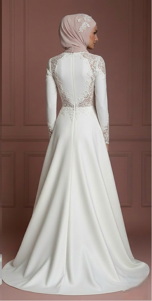 Modest Hijab Bridal Gown For Muslim Bride Elegant Style Wedding Dress