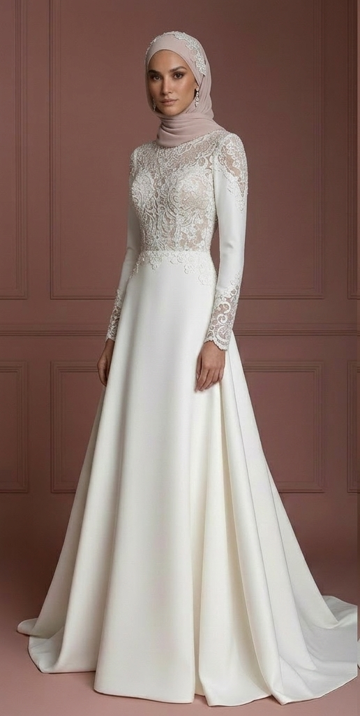 Modest Hijab Bridal Gown For Muslim Bride Elegant Style Wedding Dress