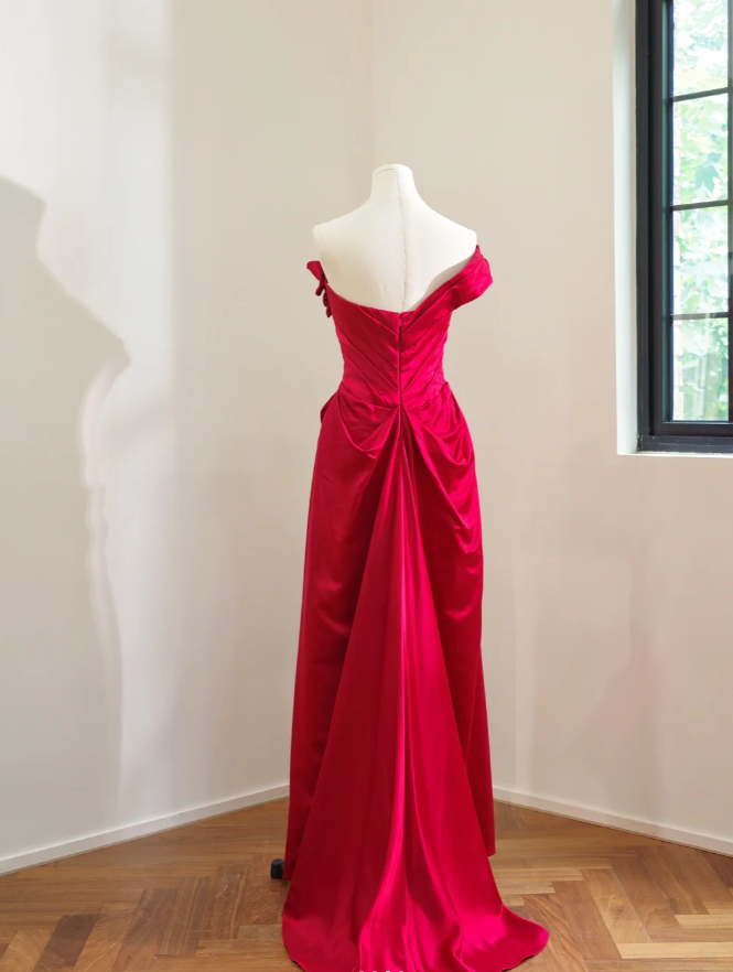 Pretty One Shoulder Red Satin Pleated Long Wedding Guest Dress Formal Birthday Party Dress