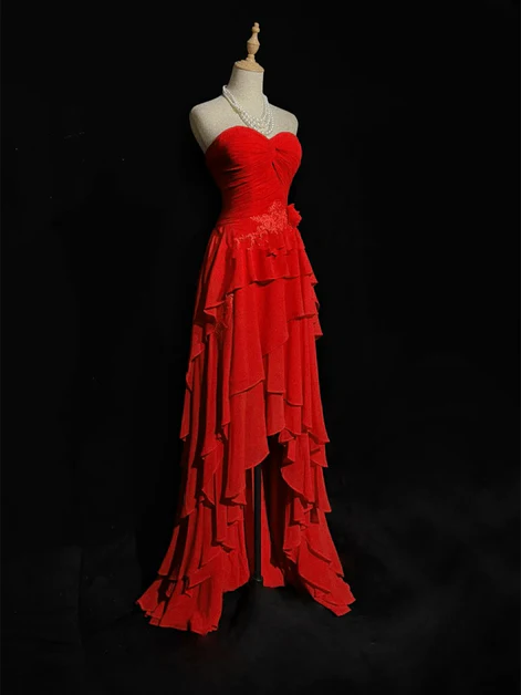 Chic Red Chiffon Appliques Layered Party Dress Elegant Prom Evening Gown