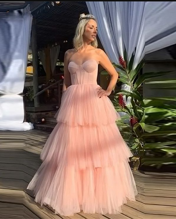Pink Strapless Tulle Layered Evening Dress Formal Prom Party Dress