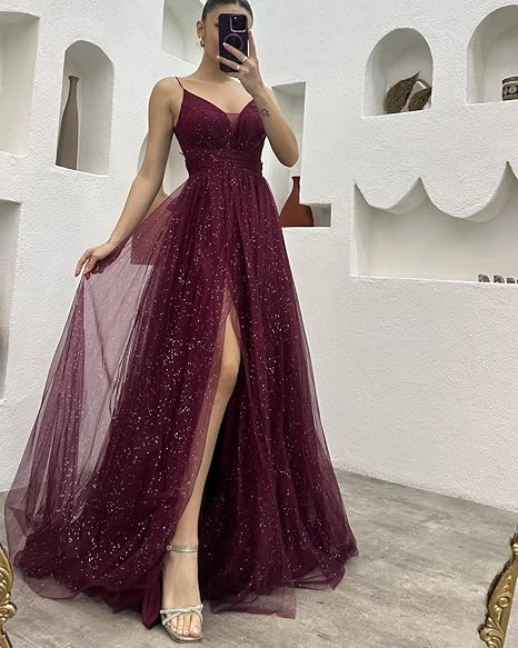 Shiny Navy Blue A-line V Neck Tulle Prom Dress With Slit