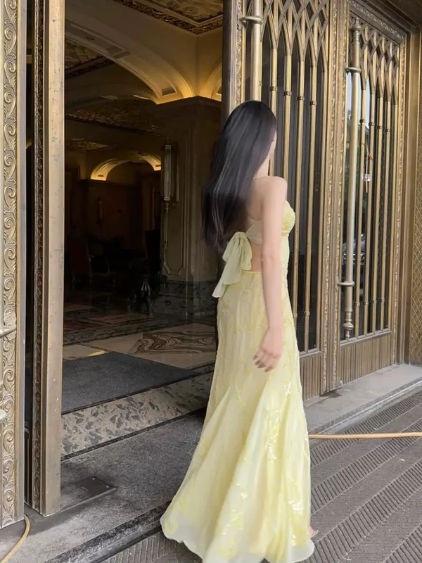 Beautiful Mermaid Spaghetti Straps Yellow Chiffon Beaded Prom Dress Long Party Evening Dress