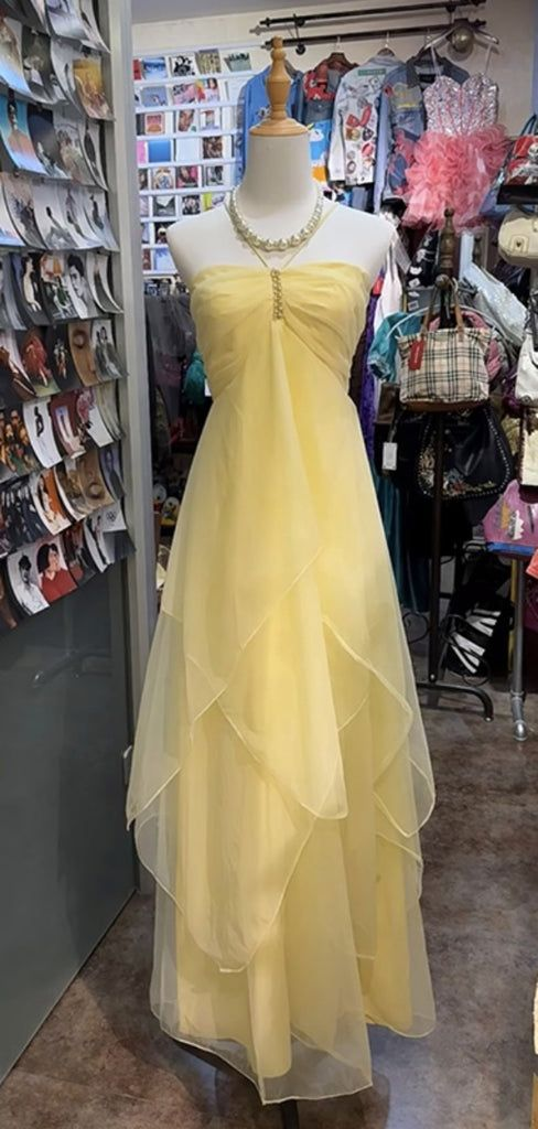 Pretty Halter Yellow Tulle Layered Long Party Dress Birthday Outfits